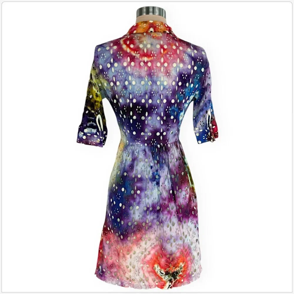 Outback Red Tie Dye Rainbow Colorful Multi Color Eyelet Lace Fit & Flare Dress 6 - Picture 4 of 5